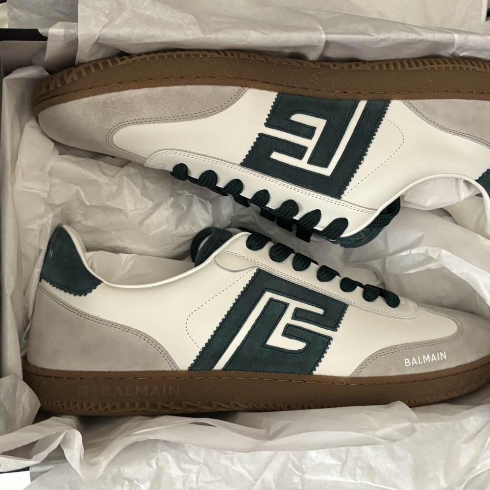 Balmain Men's White and Gray Sneakers with Brown Sole